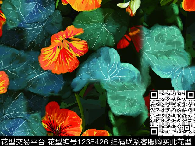 满底花卉红花绿叶复杂花卉数码印花华亿平台下载（图片编号: 1238426） - 瓦栏（Walan）