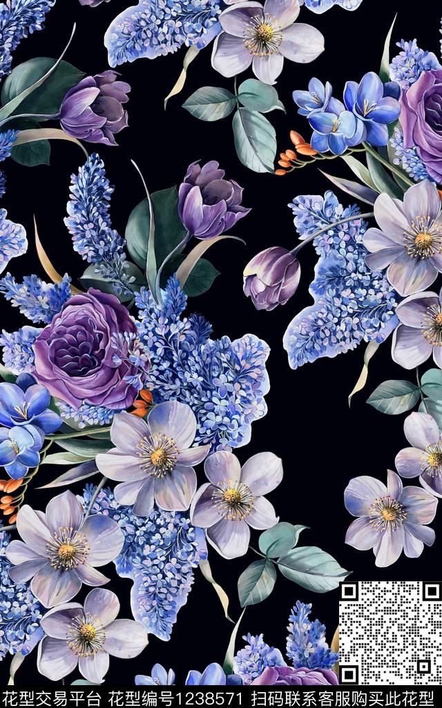 水彩花卉黑底花卉饱满数码印花华亿平台下载（图片编号: 1238571） - 瓦栏（Walan）