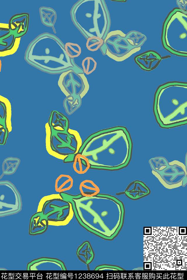 植物树叶组合手绘线条笔触传统印花华亿平台下载（图片编号: 1238694） - 瓦栏（Walan）