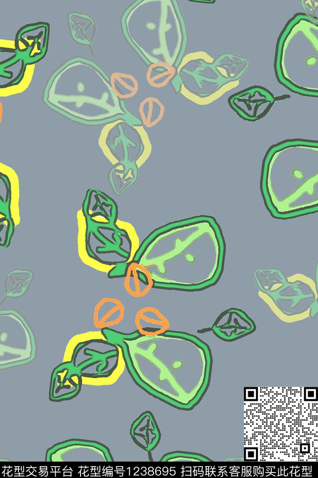 植物树叶组合手绘线条笔触传统印花华亿平台下载（图片编号: 1238695） - 瓦栏（Walan）