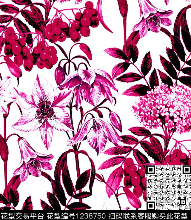 樱桃牡丹小碎花数码印花华亿平台下载（图片编号: 1238750） - 瓦栏（Walan）