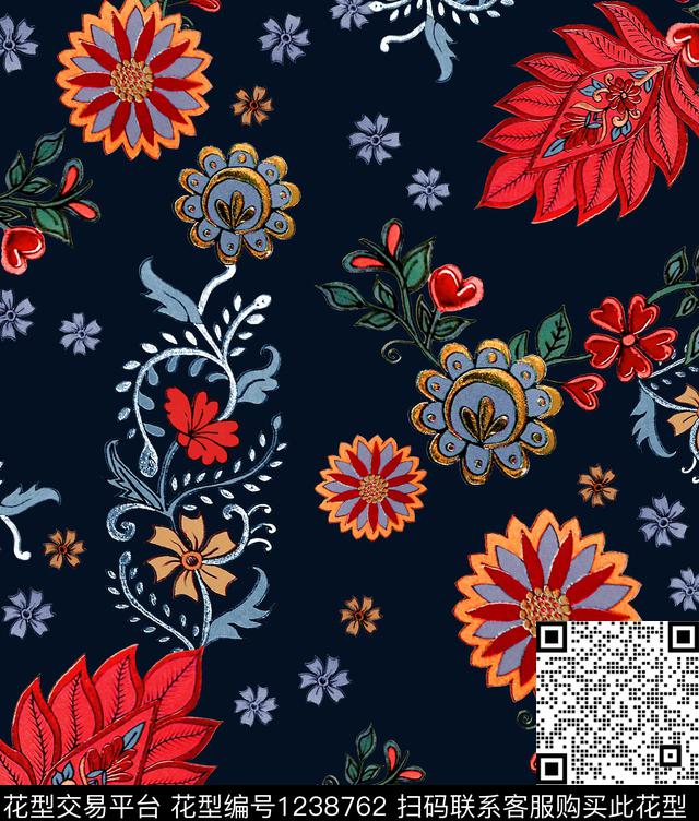 大牌风异域风格中国红数码印花华亿平台下载（图片编号: 1238762） - 瓦栏（Walan）