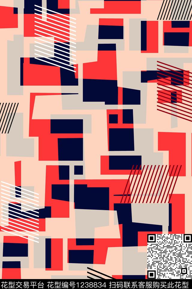 几何花卉简约真丝面料华亿平台传统印花华亿平台下载（图片编号: 1238834） - 瓦栏（Walan）