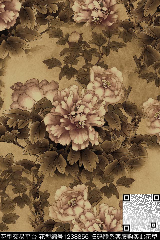 香云纱牡丹中国风数码印花华亿平台下载（图片编号: 1238856） - 瓦栏（Walan）