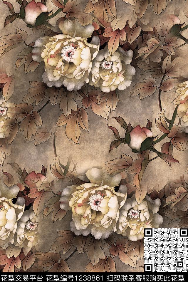 香云纱牡丹中国风数码印花华亿平台下载（图片编号: 1238861） - 瓦栏（Walan）