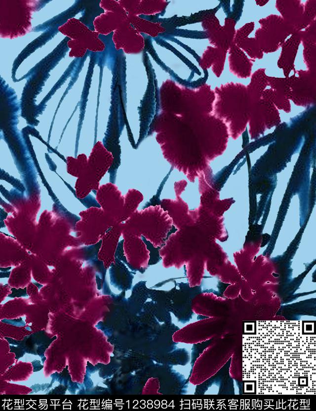 花卉水彩花卉大牌风数码印花华亿平台下载（图片编号: 1238984） - 瓦栏（Walan）