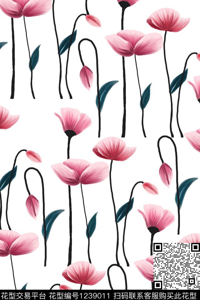 小清新花卉手绘数码印花华亿平台下载（图片编号: 1239011） - 瓦栏（Walan）