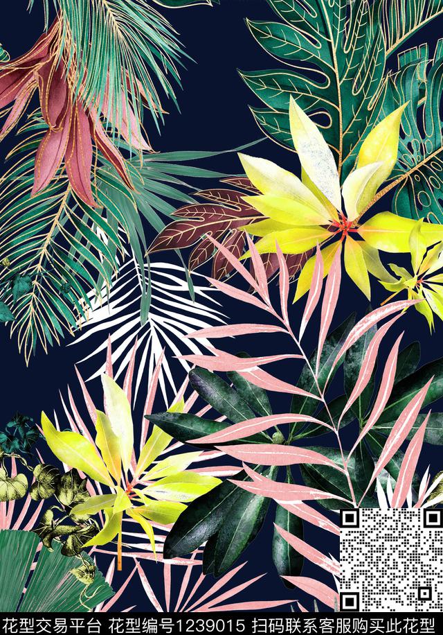 绿植树叶热带华亿平台大牌风数码印花华亿平台下载（图片编号: 1239015） - 瓦栏（Walan）