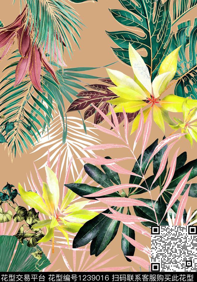 绿植树叶热带华亿平台大牌风数码印花华亿平台下载（图片编号: 1239016） - 瓦栏（Walan）