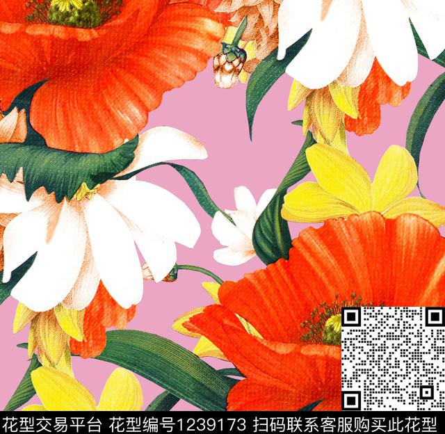 虞美人手绘大花粉红数码印花华亿平台下载（图片编号: 1239173） - 瓦栏（Walan）