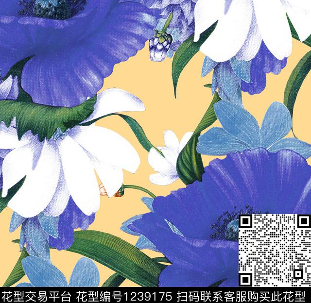 虞美人手绘大花粉红数码印花华亿平台下载（图片编号: 1239175） - 瓦栏（Walan）