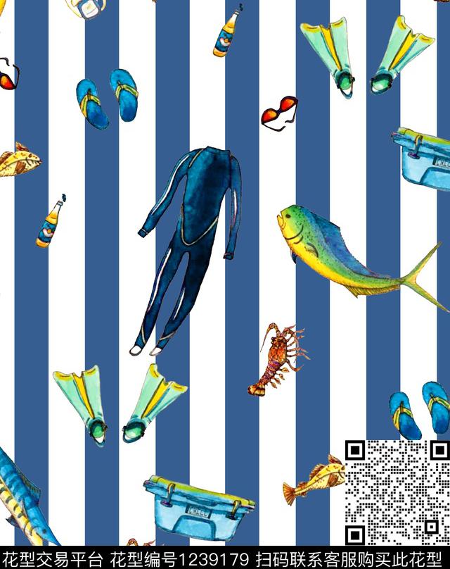 鲨鱼条纹龙虾数码印花华亿平台下载（图片编号: 1239179） - 瓦栏（Walan）