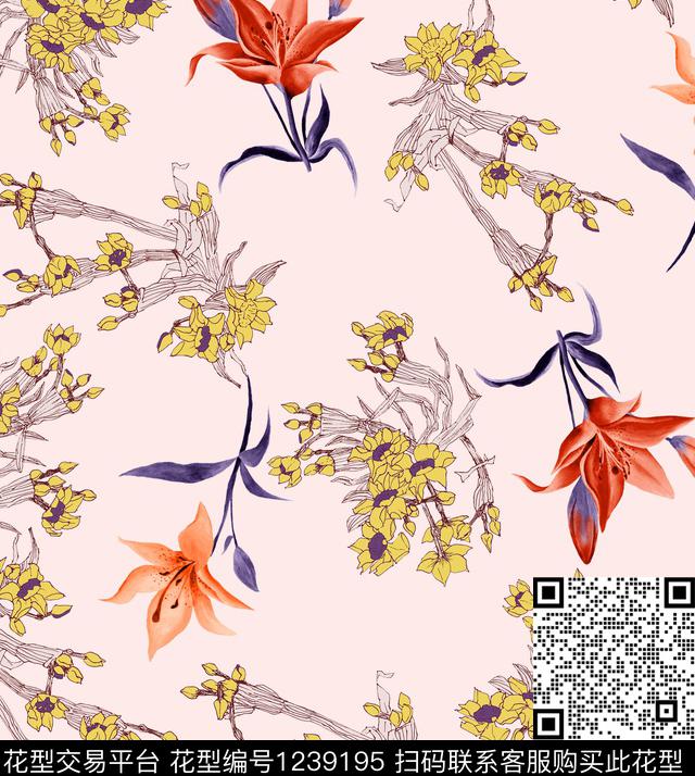 百合小碎花数码印花华亿平台下载（图片编号: 1239195） - 瓦栏（Walan）