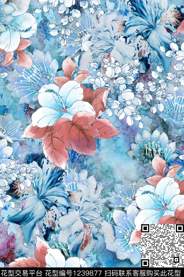 抽象绿植树叶抽象花卉数码印花华亿平台下载（图片编号: 1239877） - 瓦栏（Walan）