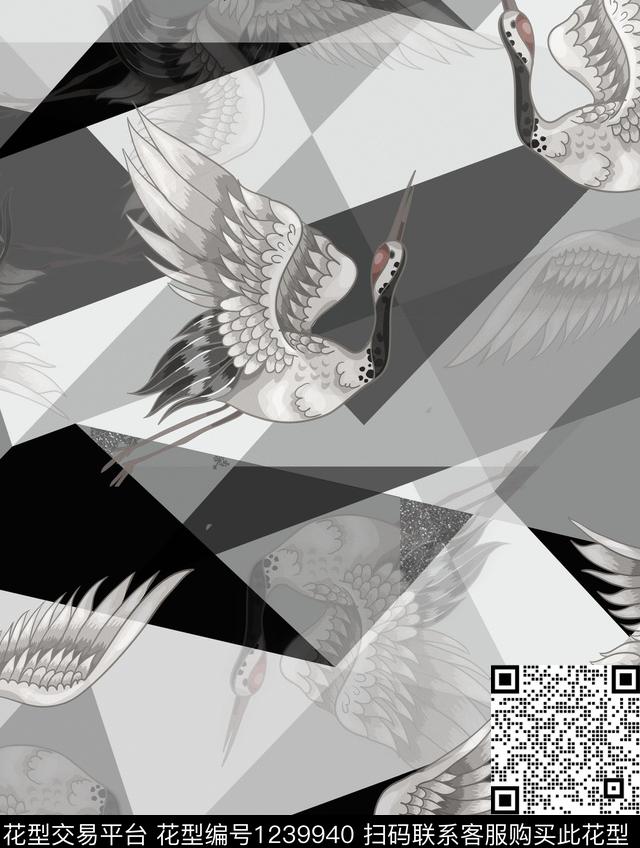 几何结构仙鹤手绘立体构图数码印花华亿平台下载（图片编号: 1239940） - 瓦栏（Walan）
