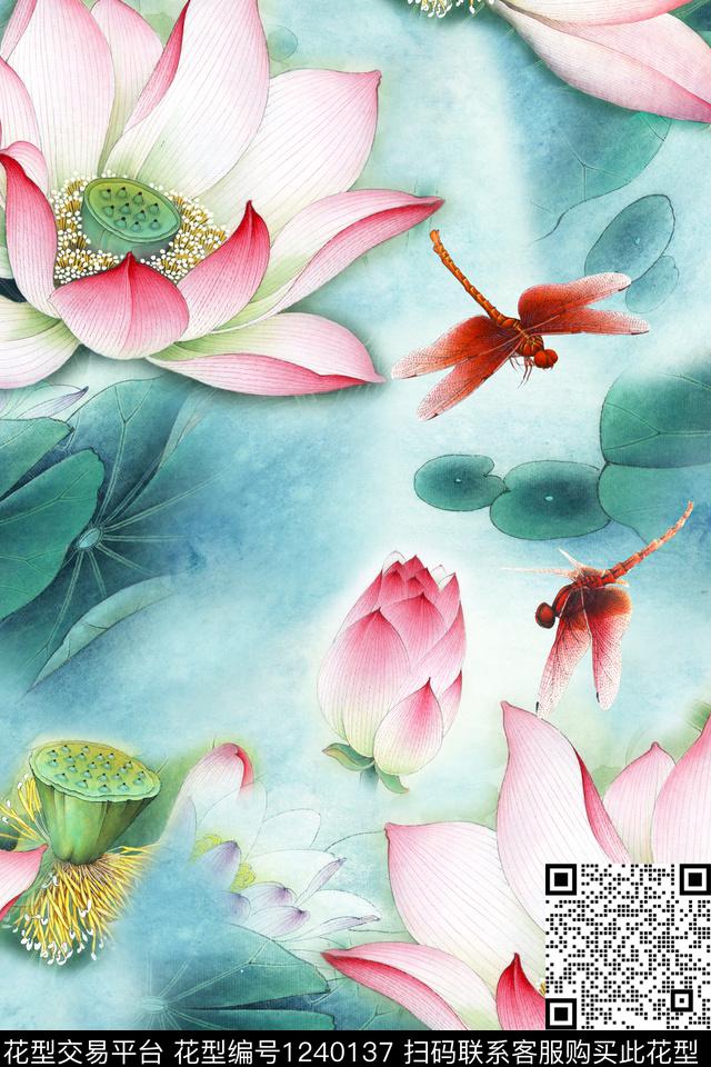 荷叶荷花昆虫蜻蜓数码印花华亿平台下载（图片编号: 1240137） - 瓦栏（Walan）