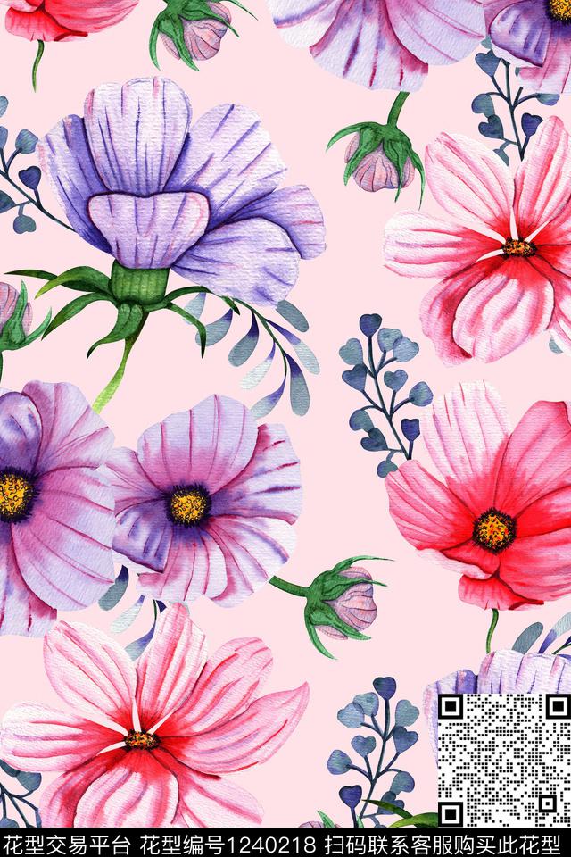 花卉大花植物清爽底花卉数码印花华亿平台下载（图片编号: 1240218） - 瓦栏（Walan）