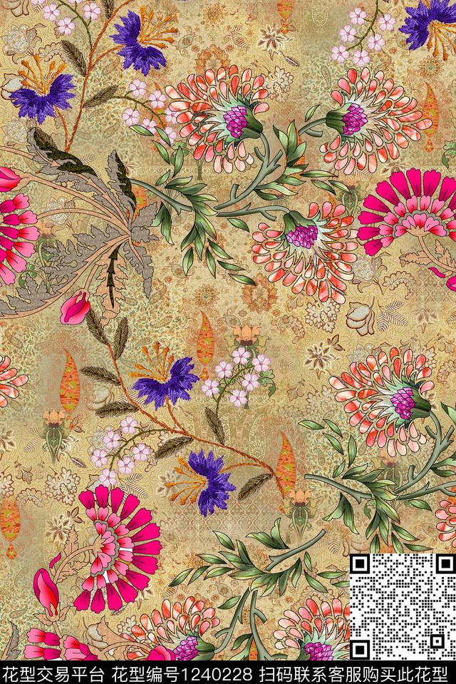 复古佩斯利手绘花卉数码印花华亿平台下载（图片编号: 1240228） - 瓦栏（Walan）