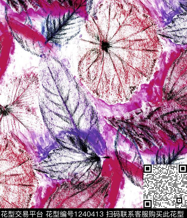 绿植树叶蜡笔画几何数码印花华亿平台下载（图片编号: 1240413） - 瓦栏（Walan）