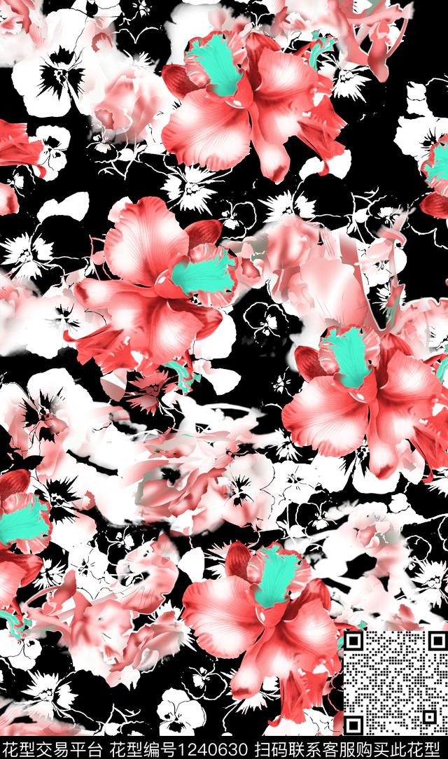 春夏华亿平台黑底系列网纱雪纺系列数码印花华亿平台下载（图片编号: 1240630） - 瓦栏（Walan）