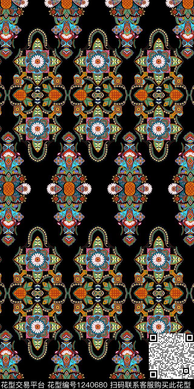 花卉数码华亿平台黑底花卉数码印花华亿平台下载（图片编号: 1240680） - 瓦栏（Walan）