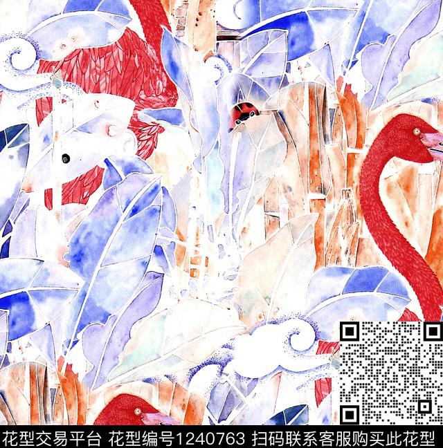 火烈鸟棕榈树数码印花华亿平台下载（图片编号: 1240763） - 瓦栏（Walan）