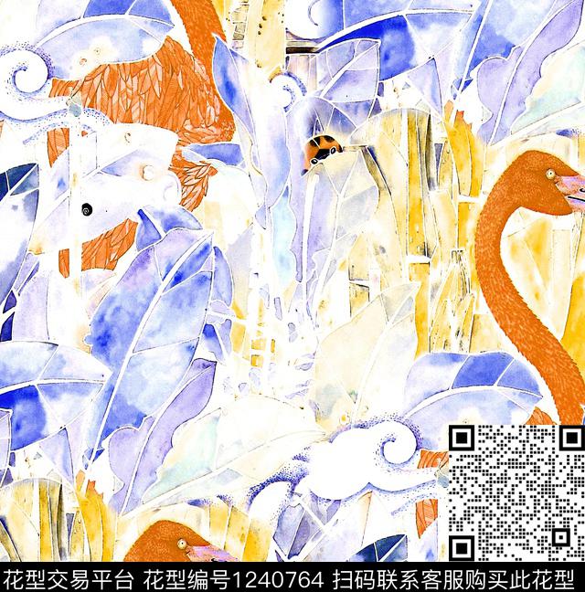 荷花火烈鸟棕榈树数码印花华亿平台下载（图片编号: 1240764） - 瓦栏（Walan）