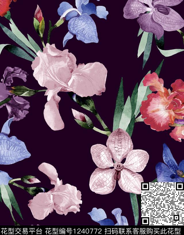 牡丹鸢尾花签字笔画数码印花华亿平台下载（图片编号: 1240772） - 瓦栏（Walan）