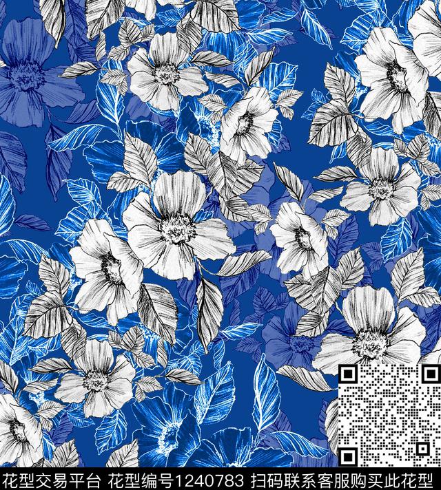 牡丹鸢尾花签字笔画数码印花华亿平台下载（图片编号: 1240783） - 瓦栏（Walan）