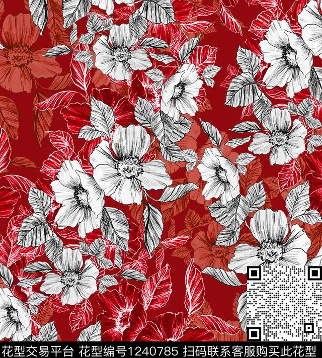 牡丹鸢尾花签字笔画数码印花华亿平台下载（图片编号: 1240785） - 瓦栏（Walan）