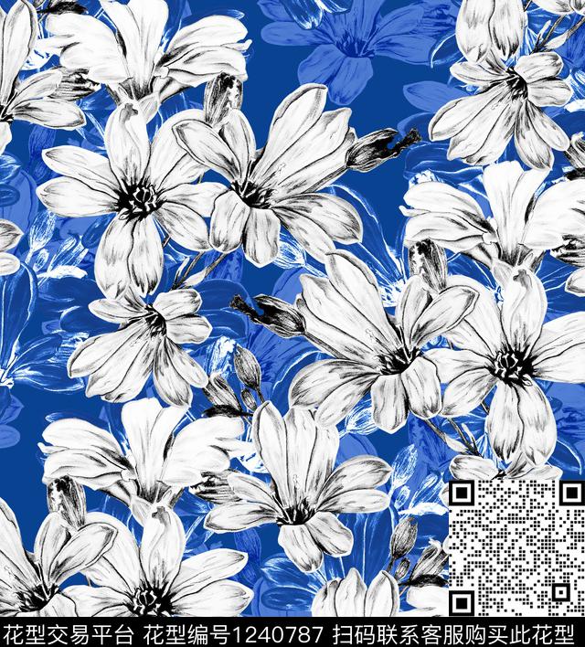 牡丹鸢尾花签字笔画数码印花华亿平台下载（图片编号: 1240787） - 瓦栏（Walan）