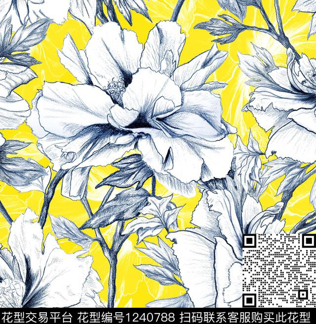 牡丹鸢尾花签字笔画数码印花华亿平台下载（图片编号: 1240788） - 瓦栏（Walan）