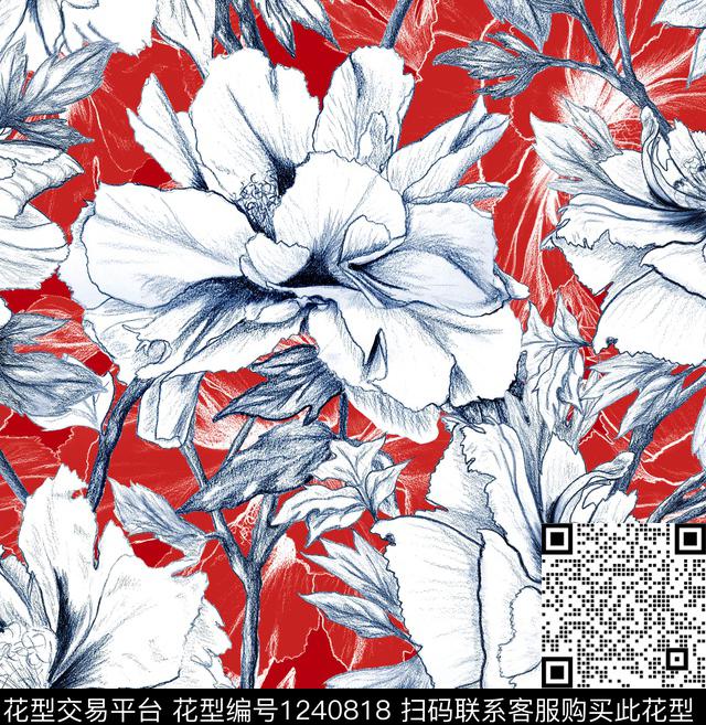 牡丹鸢尾花签字笔画数码印花华亿平台下载（图片编号: 1240818） - 瓦栏（Walan）