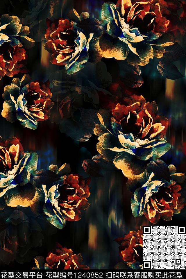 大牌风水彩抽象花卉数码印花华亿平台下载（图片编号: 1240852） - 瓦栏（Walan）