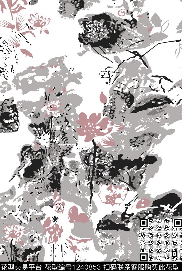 荷花水墨风抽象传统印花华亿平台下载（图片编号: 1240853） - 瓦栏（Walan）