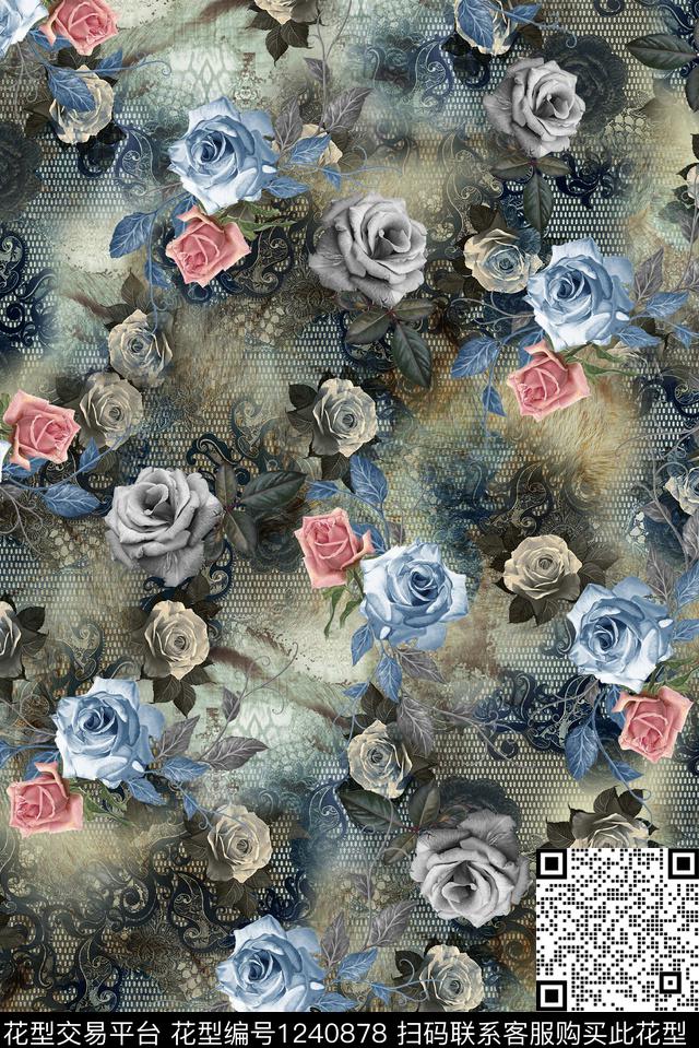 玫瑰花中老年花蕾丝花底纹数码印花华亿平台下载（图片编号: 1240878） - 瓦栏（Walan）