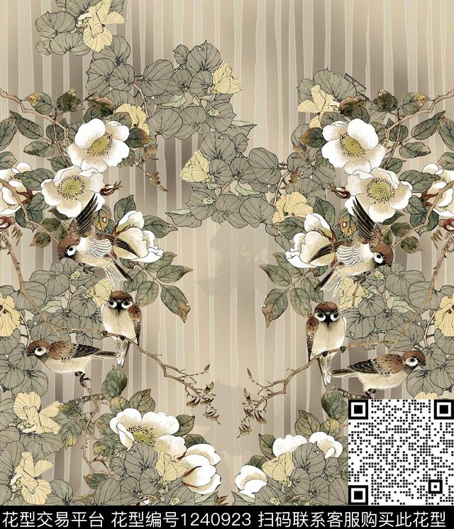 水墨风花卉香云纱数码印花华亿平台下载（图片编号: 1240923） - 瓦栏（Walan）