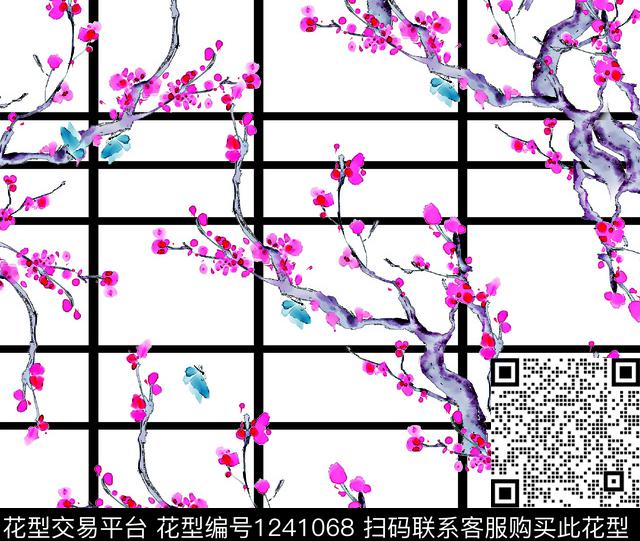 红花树枝蝴蝶数码印花华亿平台下载（图片编号: 1241068） - 瓦栏（Walan）