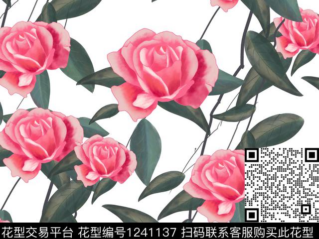 手绘花卉玫瑰花满版散花数码印花华亿平台下载（图片编号: 1241137） - 瓦栏（Walan）
