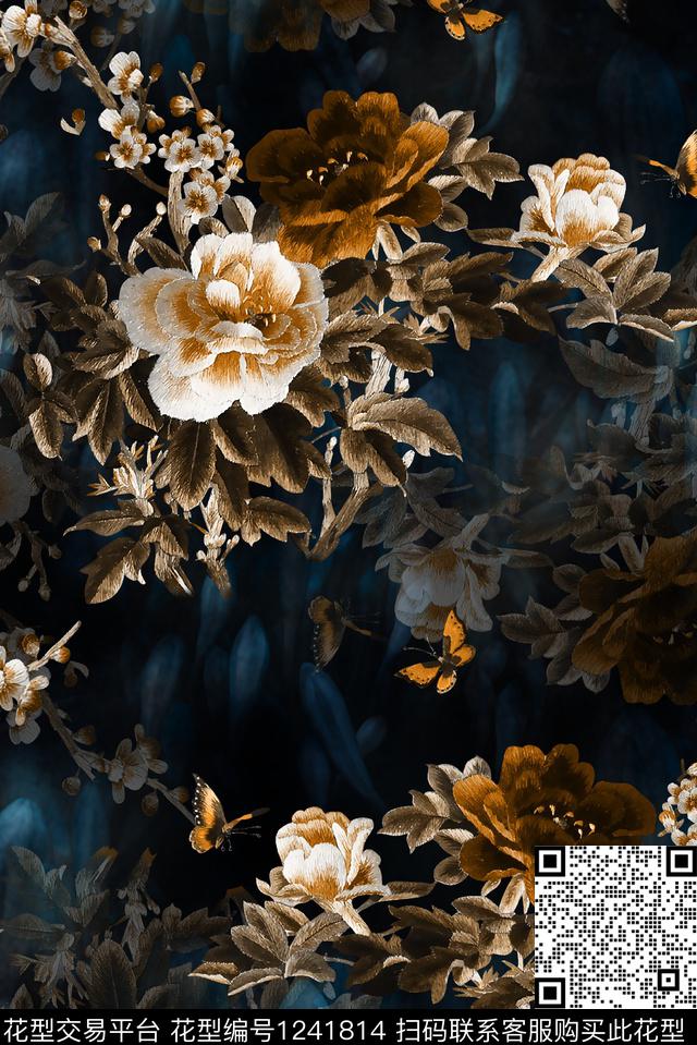 中国风刺绣花卉真丝旗袍数码印花华亿平台下载（图片编号: 1241814） - 瓦栏（Walan）