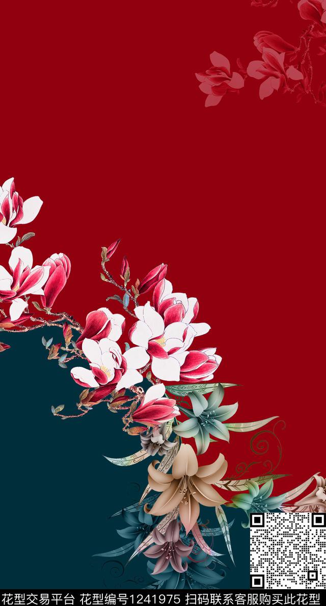 大牌风中国风定位花玉兰花数码印花华亿平台下载（图片编号: 1241975） - 瓦栏（Walan）