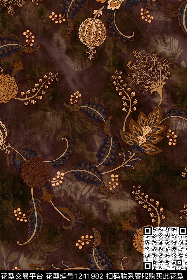 花卉几何香云纱数码印花华亿平台下载（图片编号: 1241982） - 瓦栏（Walan）
