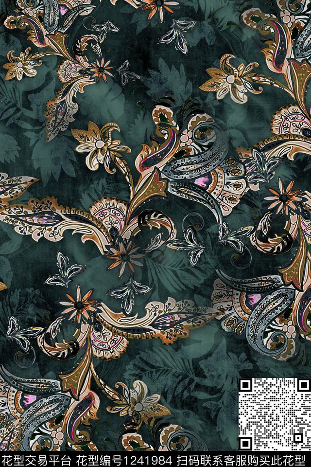 花卉几何香云纱数码印花华亿平台下载（图片编号: 1241984） - 瓦栏（Walan）