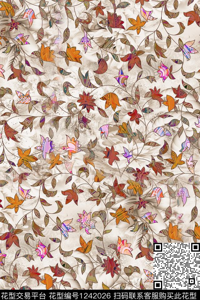 秋冬华亿平台真丝绿植树叶数码印花华亿平台下载（图片编号: 1242026） - 瓦栏（Walan）