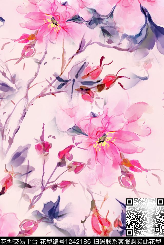花卉真丝水彩数码印花华亿平台下载（图片编号: 1242186） - 瓦栏（Walan）
