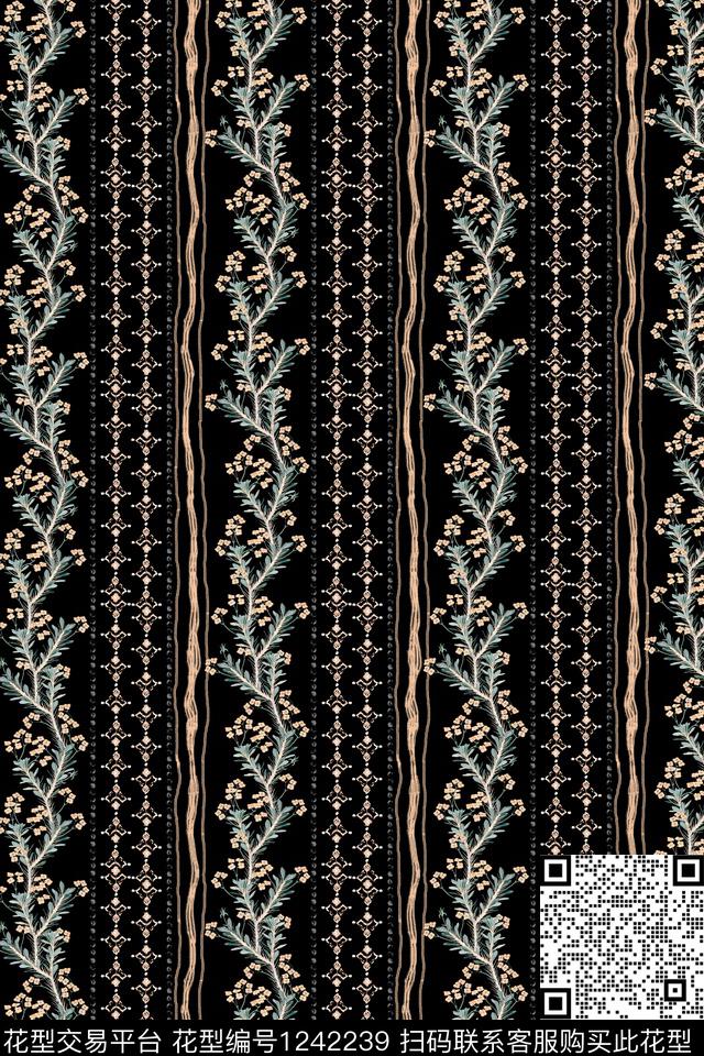 花卉几何黑底花卉数码印花华亿平台下载（图片编号: 1242239） - 瓦栏（Walan）