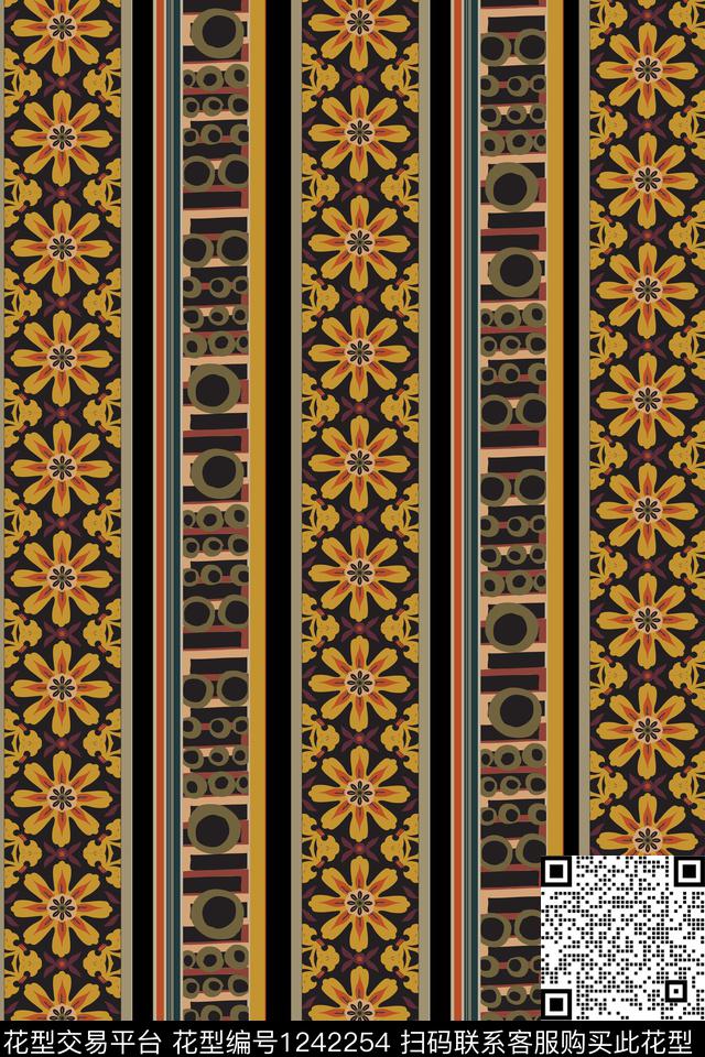 花卉几何黑底花卉数码印花华亿平台下载（图片编号: 1242254） - 瓦栏（Walan）