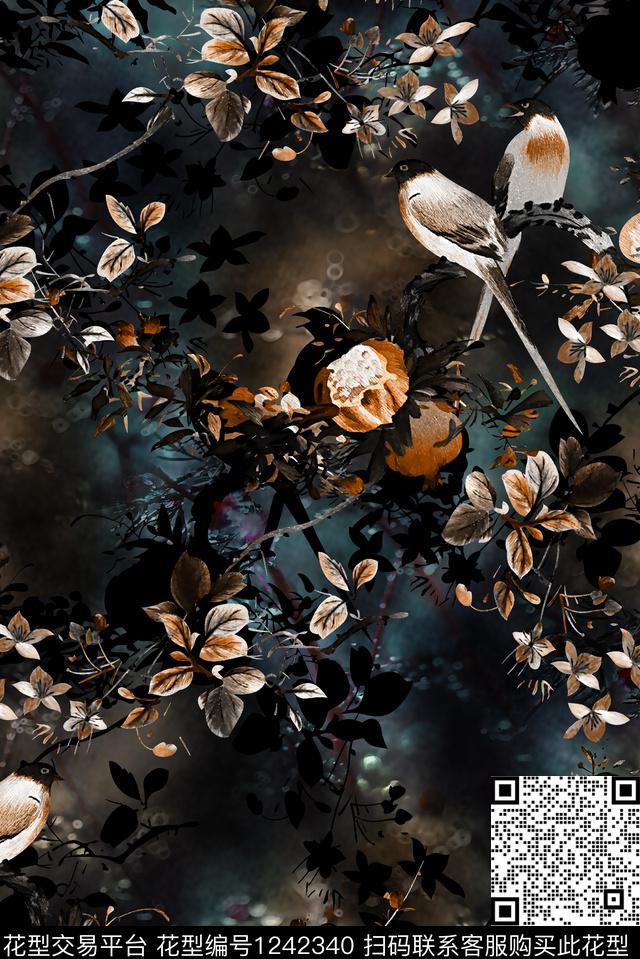 香云纱花鸟刺绣花卉数码印花华亿平台下载（图片编号: 1242340） - 瓦栏（Walan）