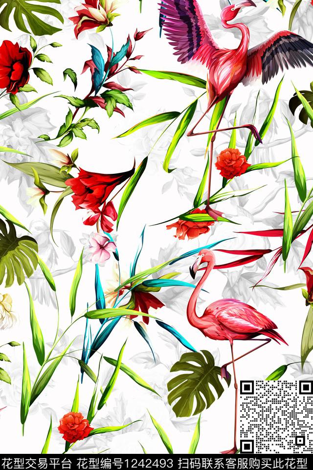 花卉火烈鸟手绘数码印花华亿平台下载（图片编号: 1242493） - 瓦栏（Walan）