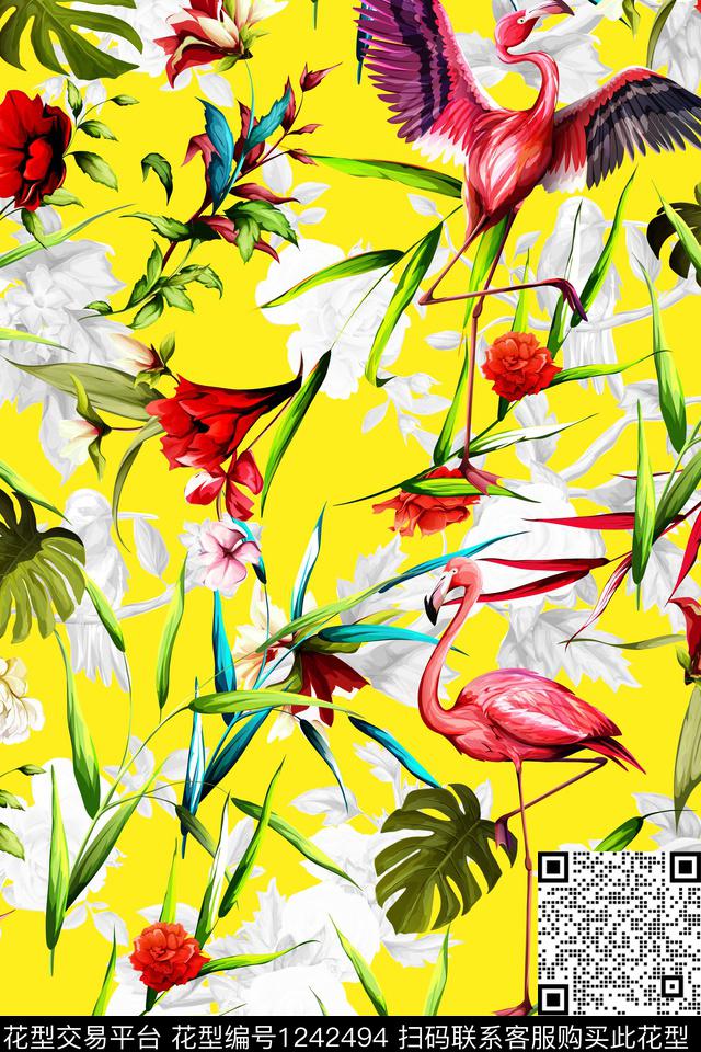 花卉火烈鸟手绘数码印花华亿平台下载（图片编号: 1242494） - 瓦栏（Walan）